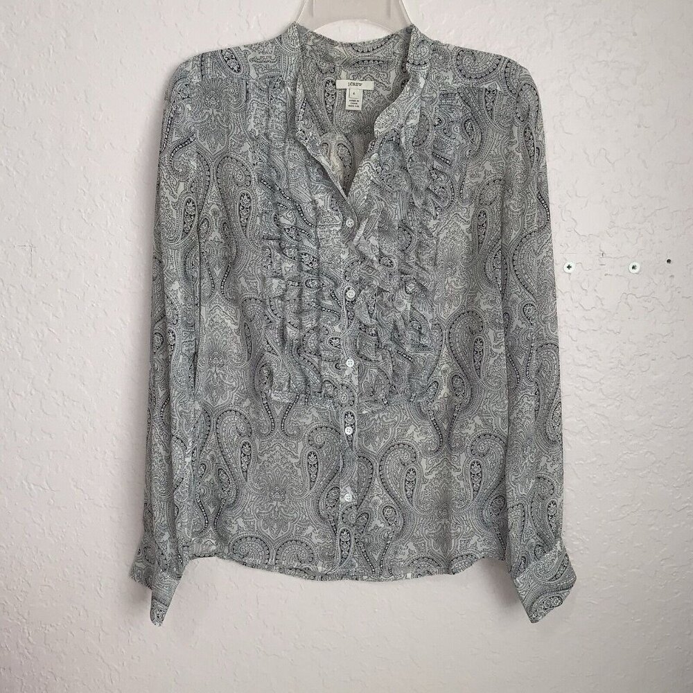 J Crew Silk Flouncette Blouse Womens 6 Paisley Top Ivory‎ Ruffle Trim Office